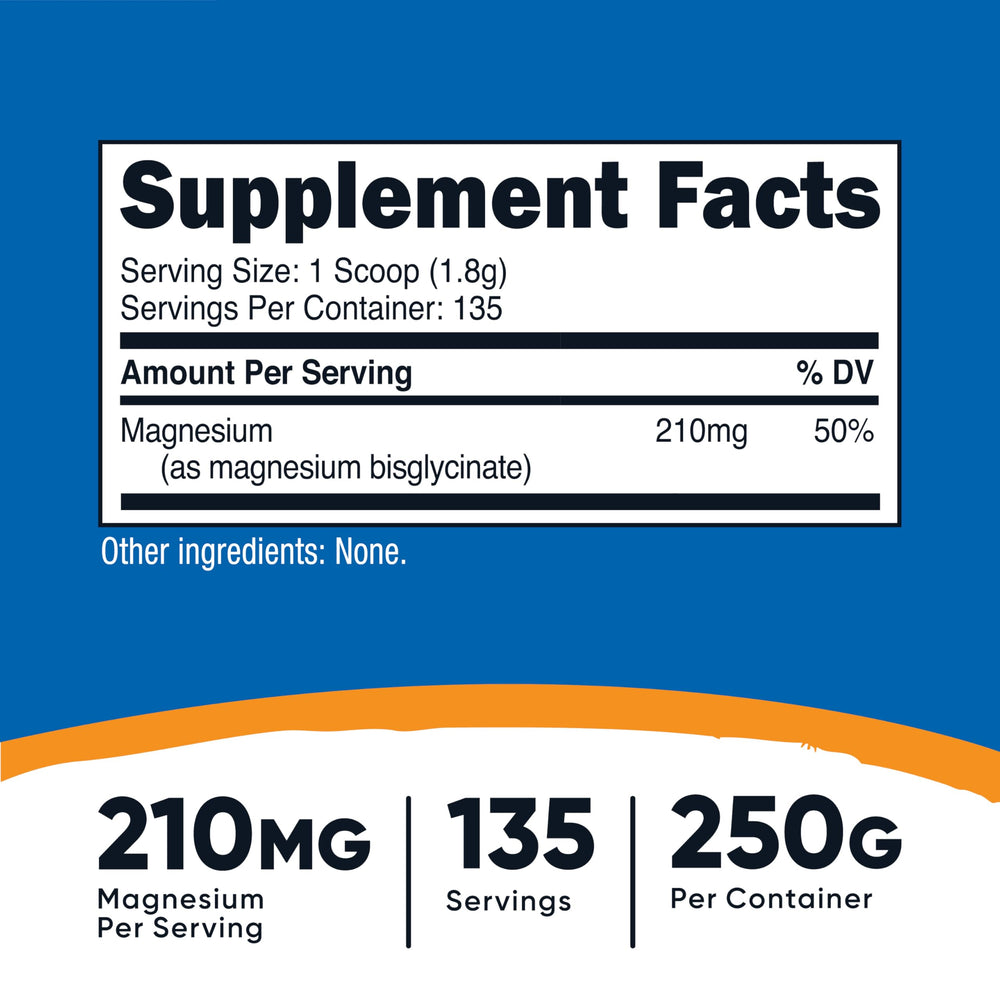 Nutrition facts panel for Nutricost Magnesium Bisglycinate Powder unflavored 250g
