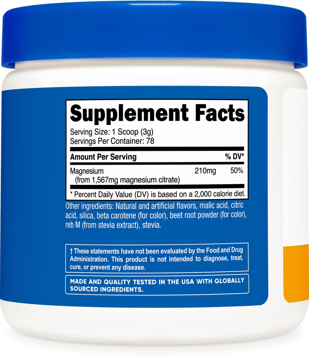Nutrition facts panel for Nutricost Magnesium Citrate Powder Peach Mango 250g
