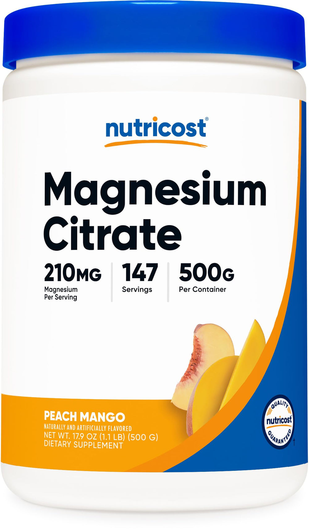 Nutricost Magnesium Citrate Powder Peach Mango 500g bottle front view