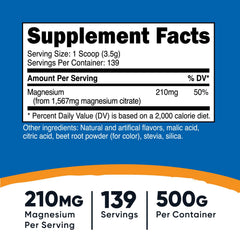 Back label with nutrition facts for Nutricost Magnesium Citrate Powder Raspberry Lemonade 500g