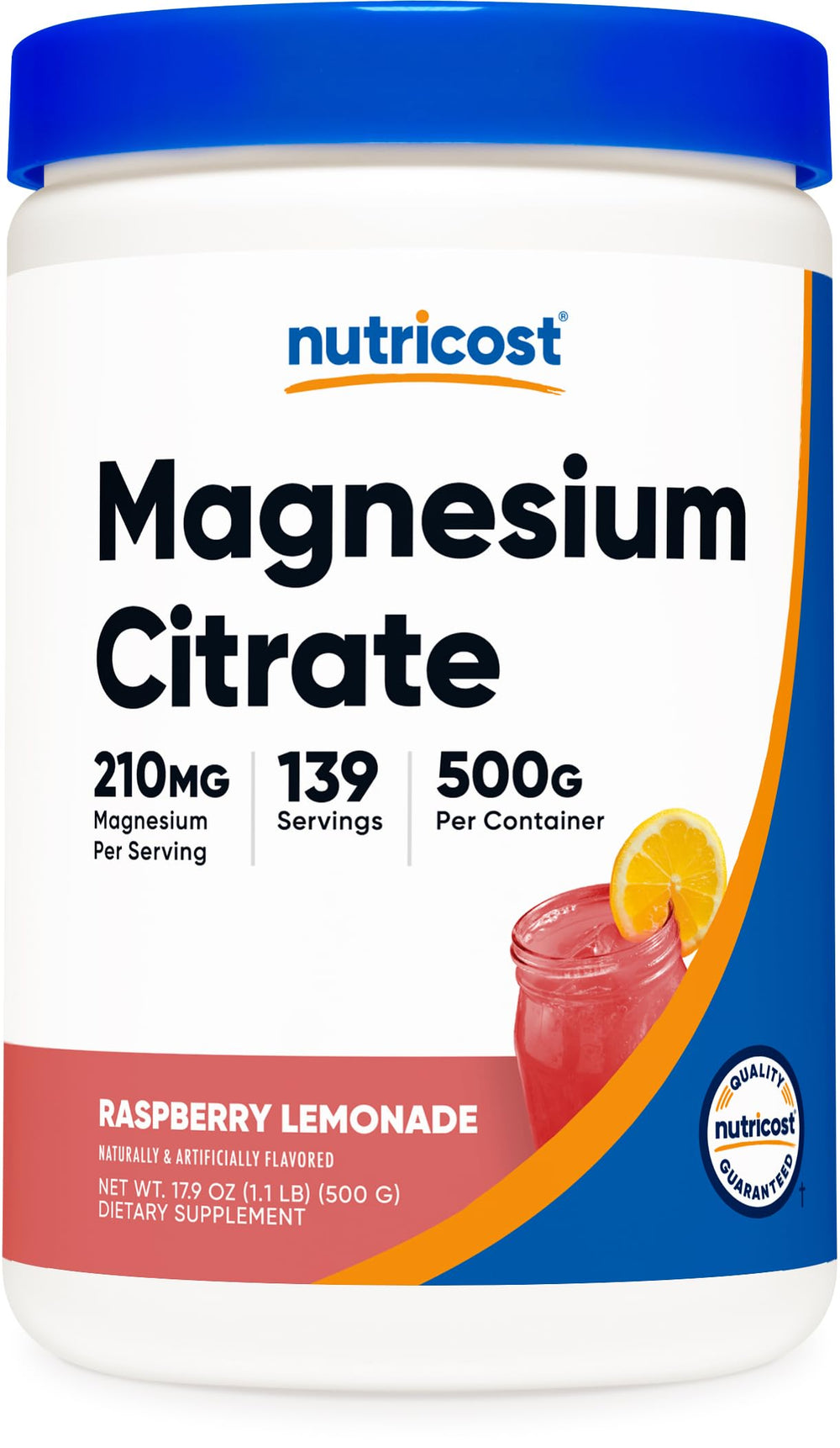 Front view of Nutricost Magnesium Citrate Powder Raspberry Lemonade 500g bottle
