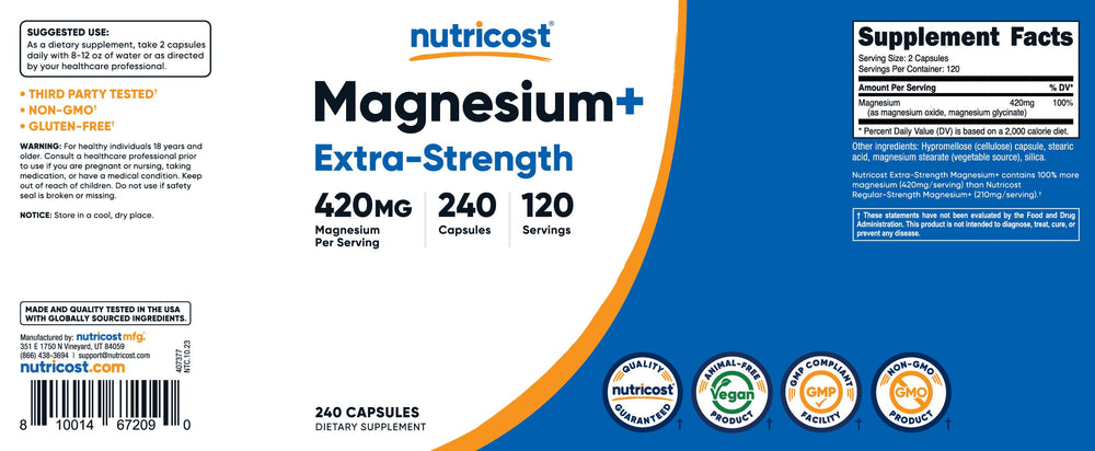 Label highlights 420 mg per serving on Nutricost Magnesium+