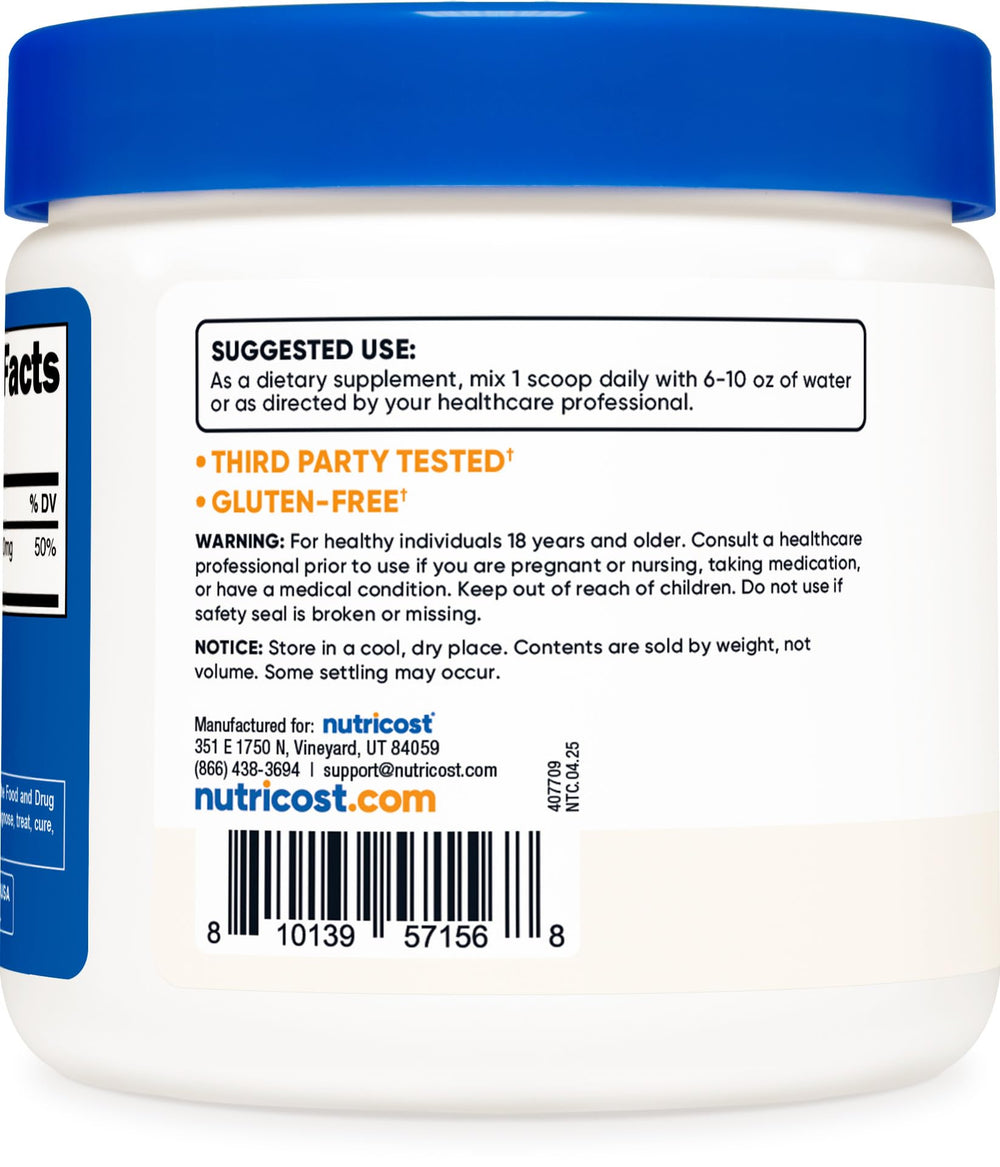Nutrition facts and packaging label on Nutricost Magnesium Glycinate powder