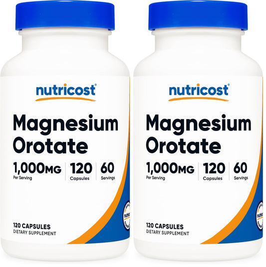 Front view of Nutricost Magnesium Orotate 1000mg bottle in a two-pack