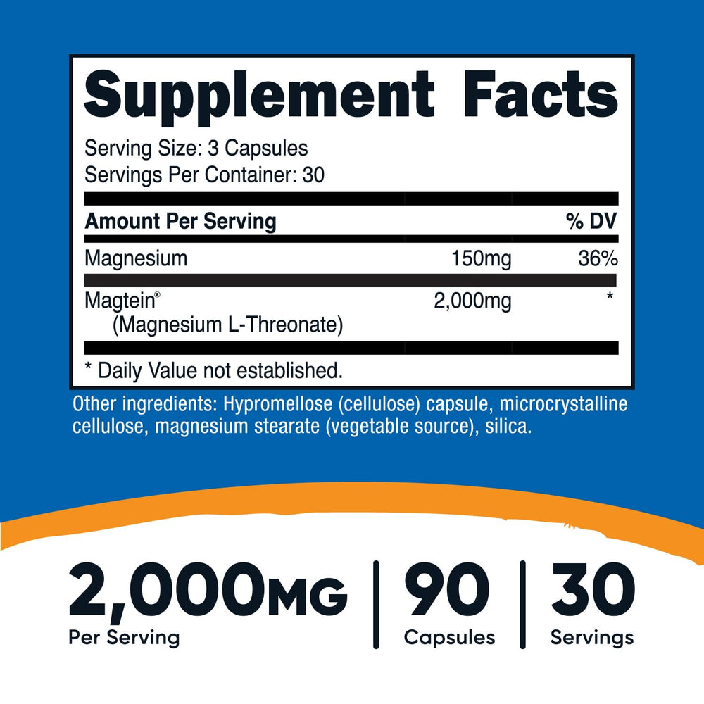 Close-up of Nutricost Magtein Magnesium L-Threonate label showing 2000mg per serving and 90 capsules