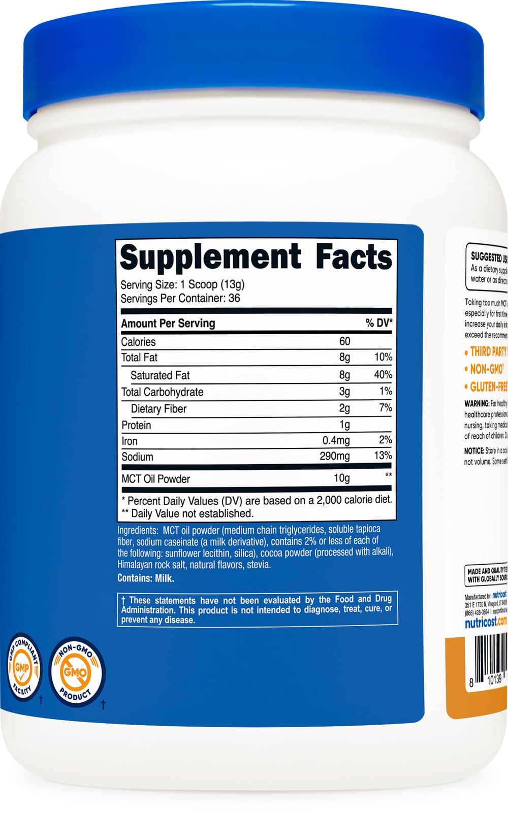 NSF Certified GMP facility and ISO-lab testing badges for Nutricost MCT Oil Powder