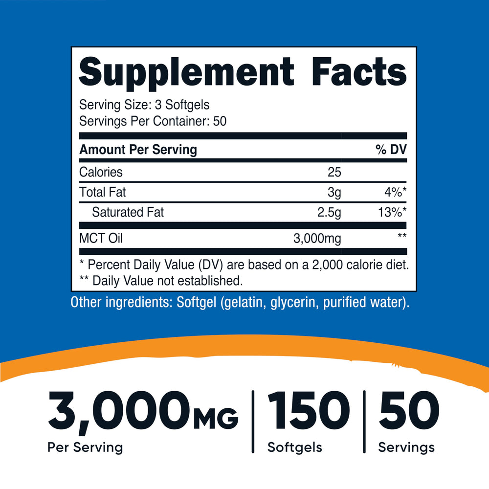 Close-up of Nutricost MCT Oil Softgels bottle with 150 softgels