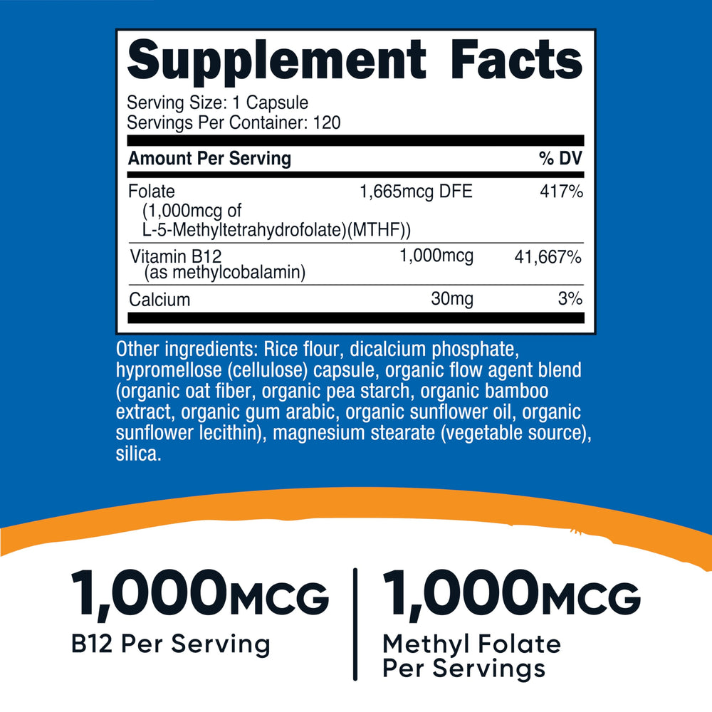Nutricost Vitamin B12 + Folate label showing 1000 mcg B12 and 1000 mcg methyl folate