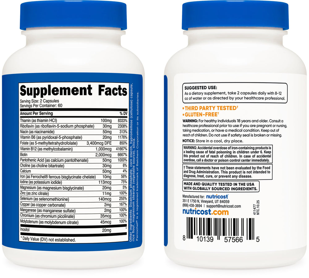 Gluten-free label on Nutricost Methylated Vitamin B Complex packaging