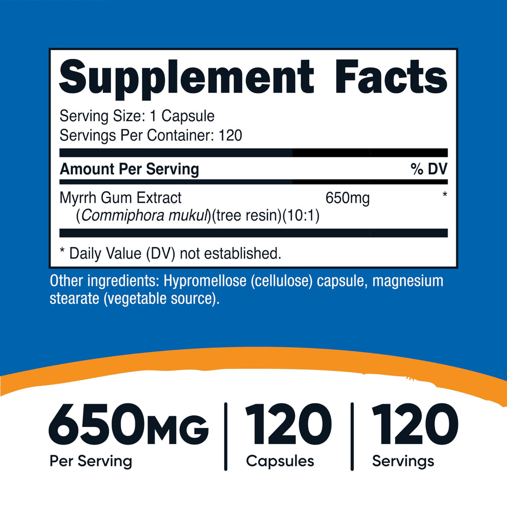 Close-up of Nutricost Myrrh Extract Capsules bottle label