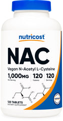 Nutricost NAC 1000 mg bottle front view with 120 vegan tablets