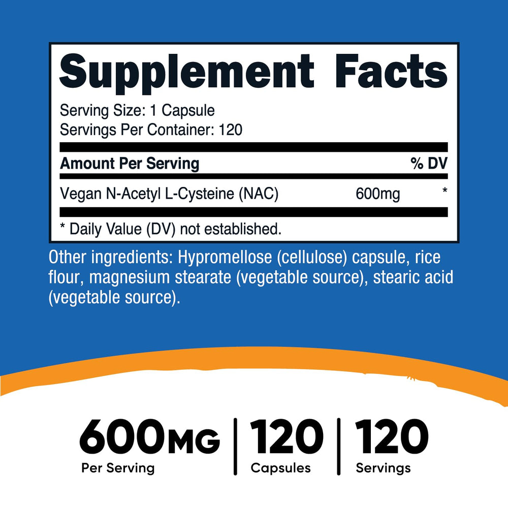 Close-up of vegan NAC 600mg capsules inside bottle