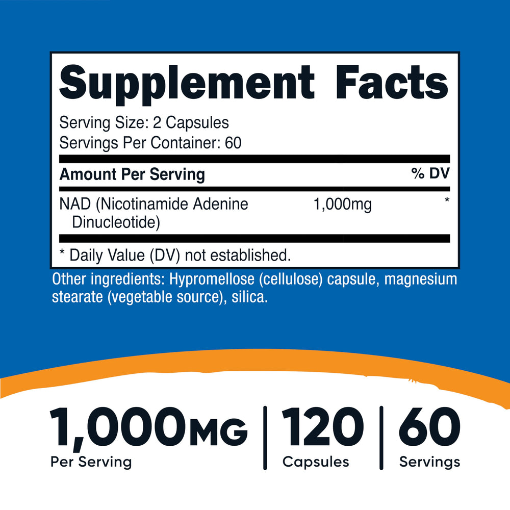 Nutricost NAD+ supplement capsules close-up showing dosage per serving.