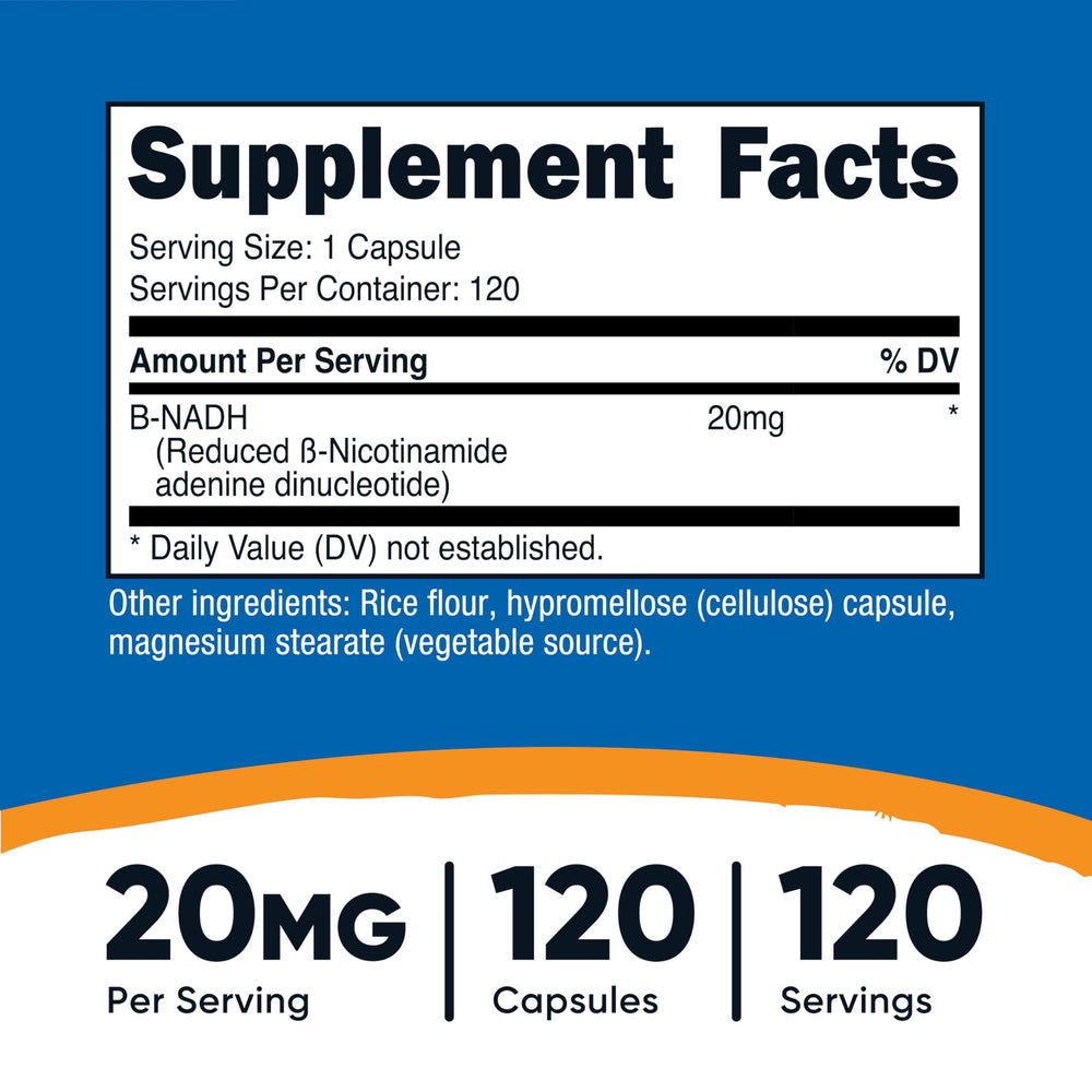 Close-up of NADH supplement bottle label showing 20mg per serving