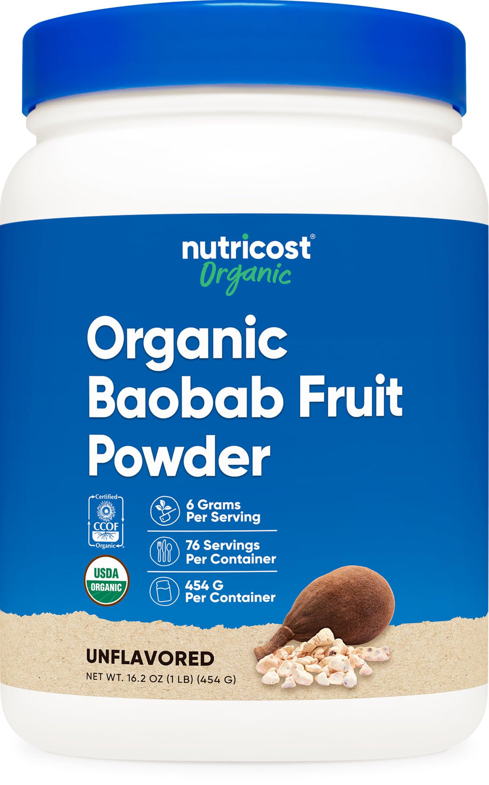 Front view of Nutricost Organic Baobab Fruit Powder Unflavored 1lb container