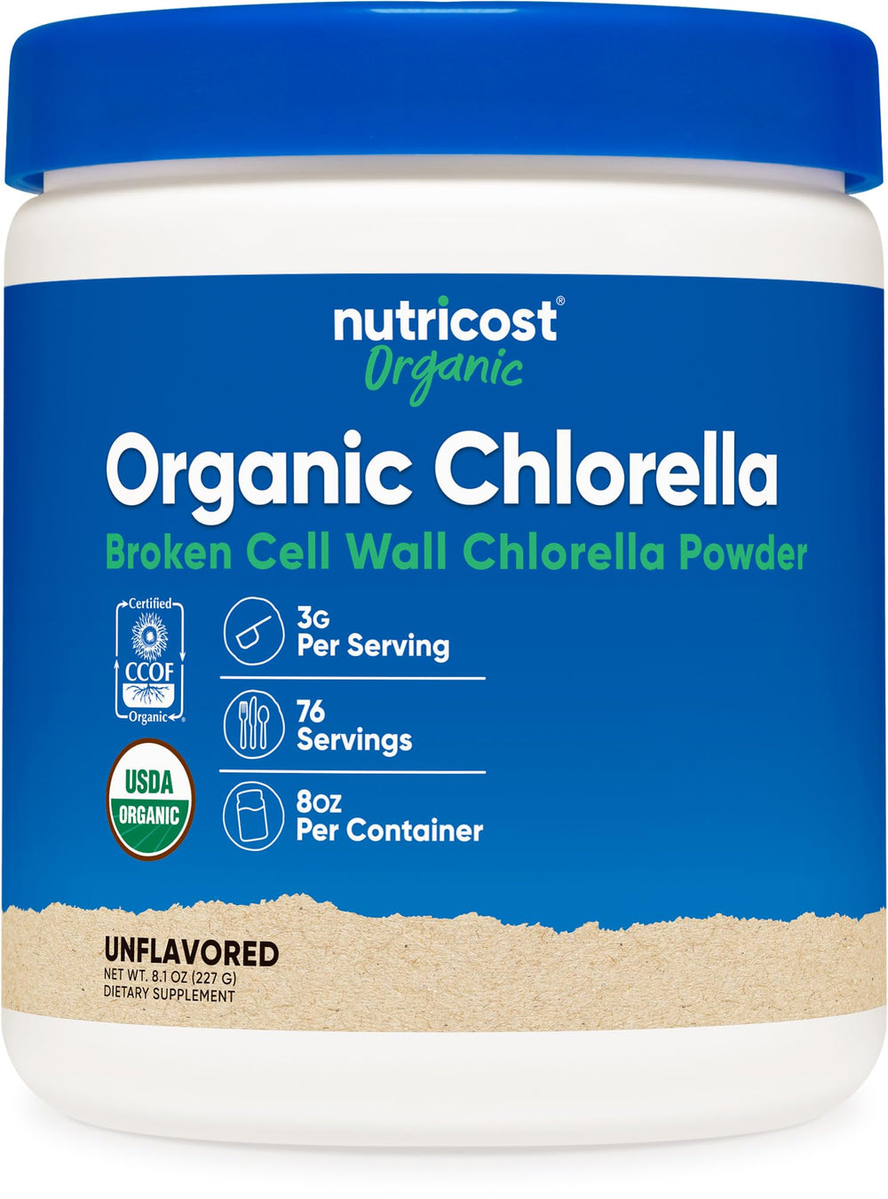 Front view of Nutricost Organic Chlorella Powder 8oz bottle