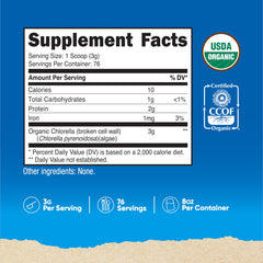 Label of Nutricost Organic Chlorella Powder 8oz showing non-GMO and gluten-free
