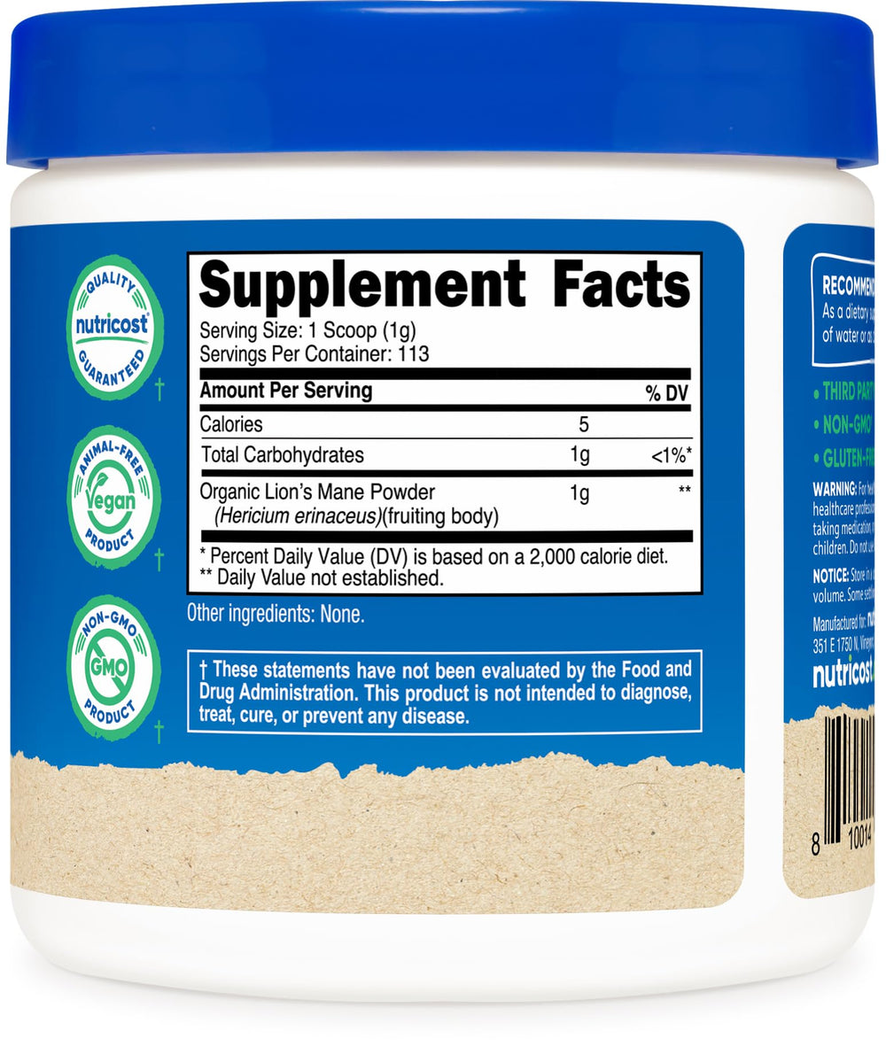 Close-up of Nutricost label on Organic Lion's Mane powder bottle