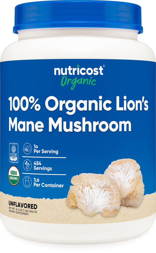 Front view of Nutricost Organic Lion's Mane Powder 1lb label