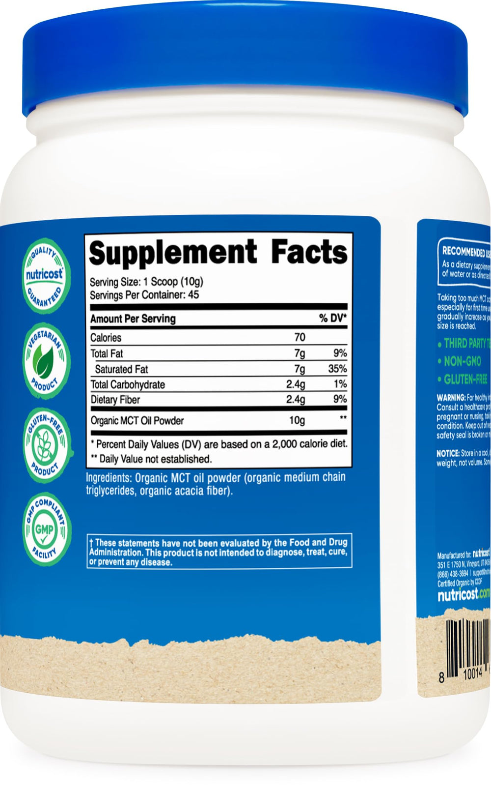 USDA Organic label on Nutricost MCT Oil Powder bottle