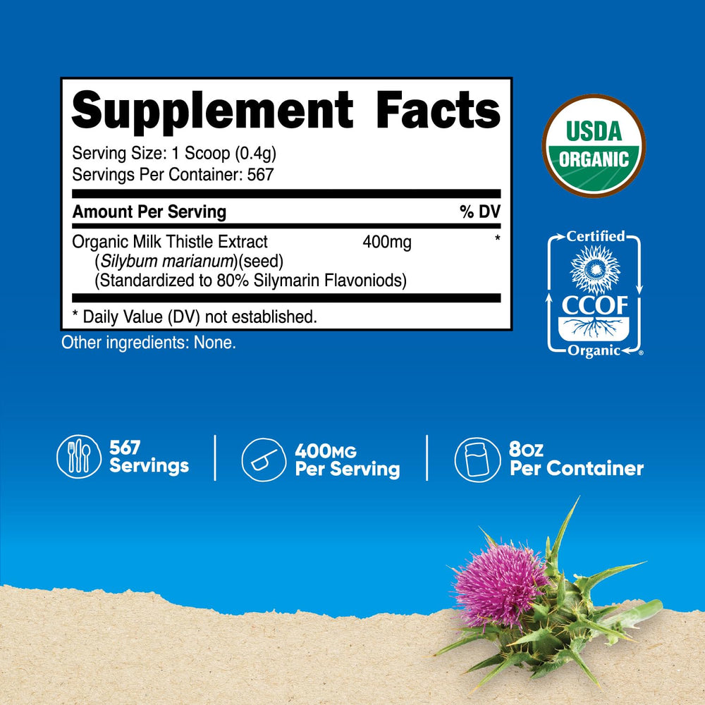 Milk thistle powder scoop beside the bottle