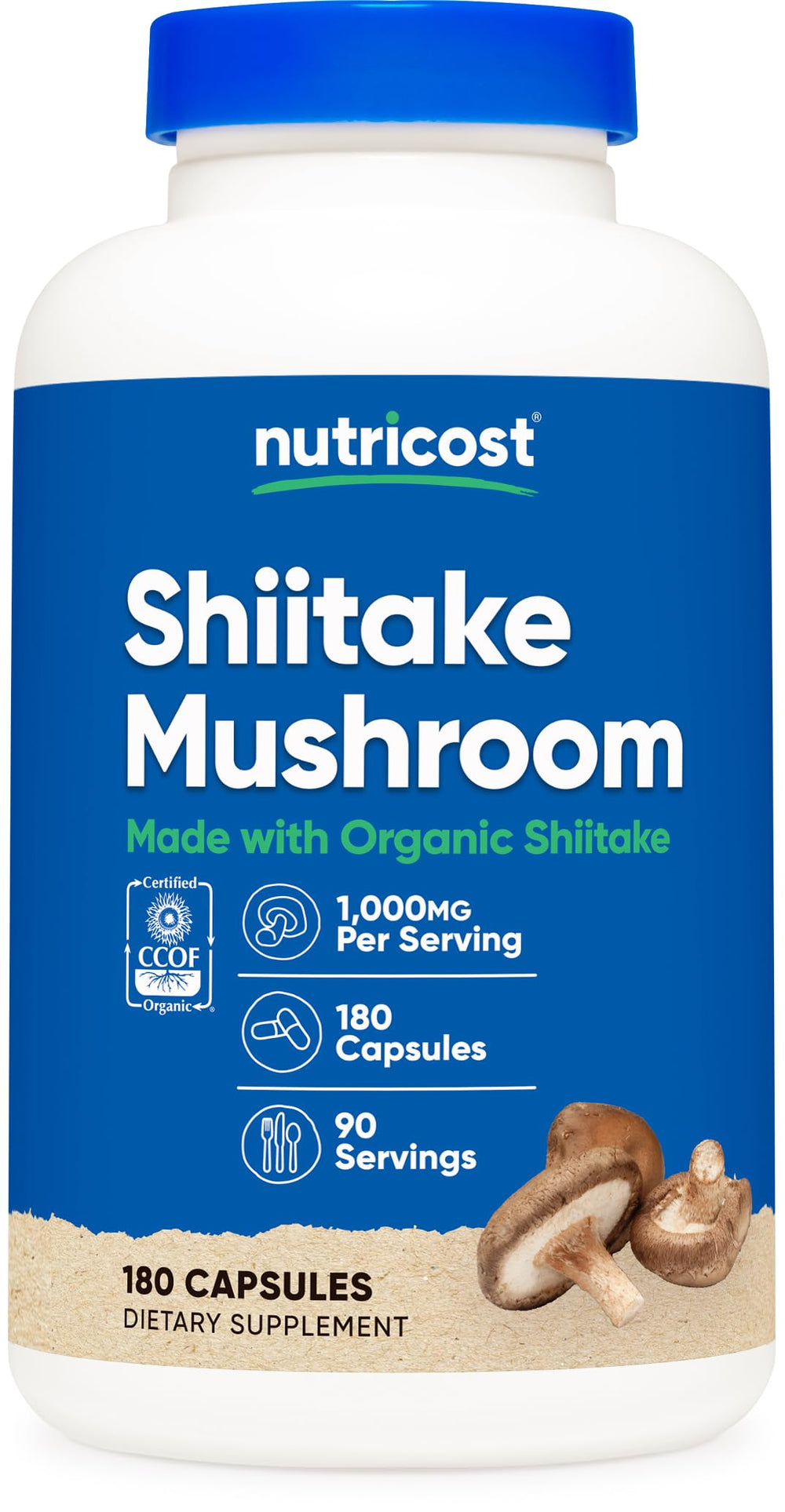 Nutricost Organic Shiitake Mushroom Capsules label with CCOF Organic certification