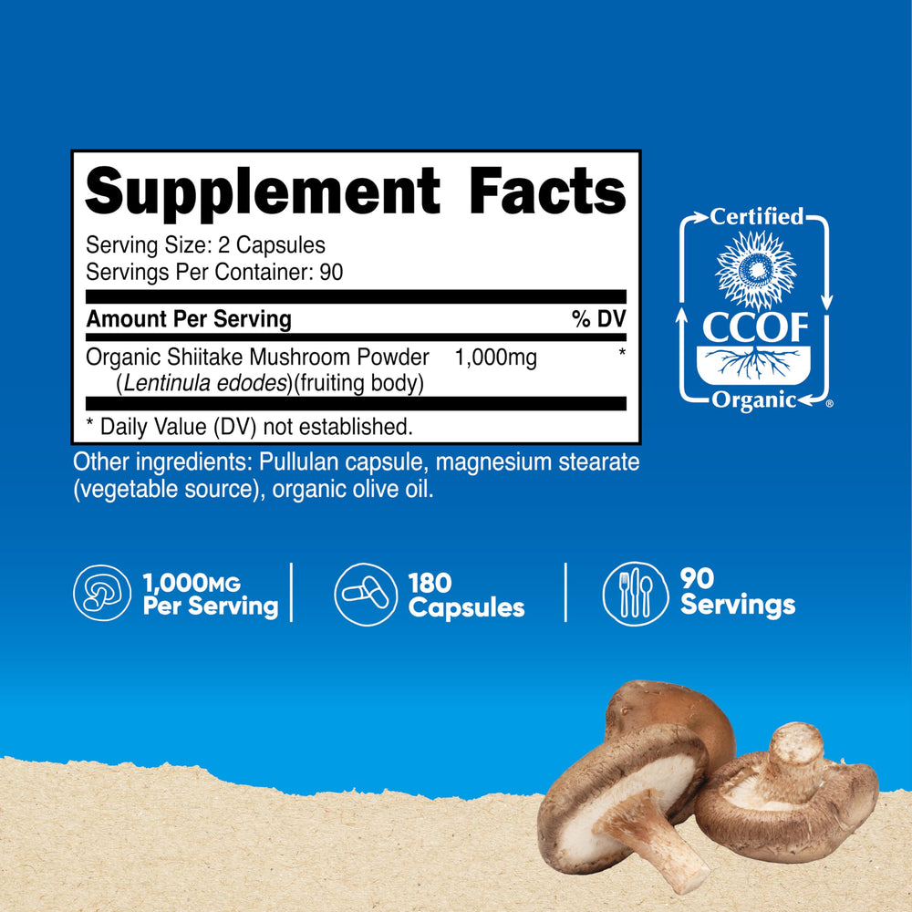 Bottle of Nutricost Organic Shiitake Mushroom Capsules showing 180 vegetarian capsules