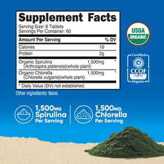 Bottle of Nutricost Organic Spirulina + Chlorella with 360 tablets