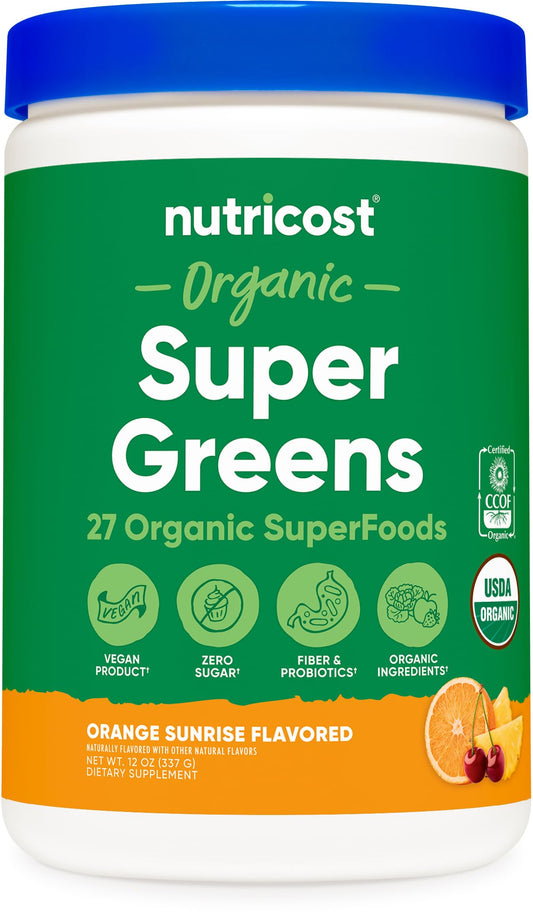 Nutricost Organic Super Greens Powder Orange Sunrise canister label