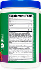 Nutrition facts label close-up on greens powder packaging