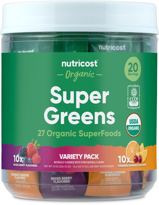 Nutricost Organic Super Greens Variety Pack mixed berry flavor sticks