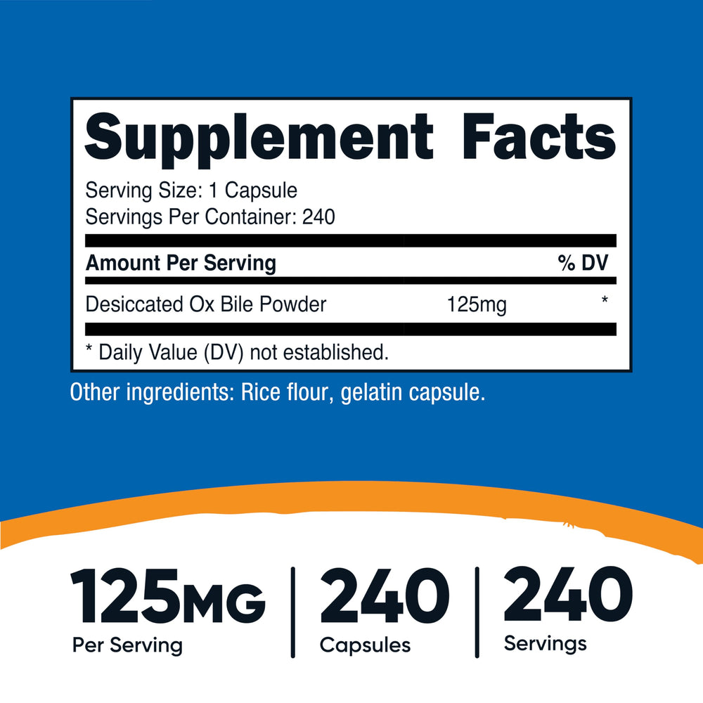 Nutricost Ox Bile Capsules bottle back with supplement facts