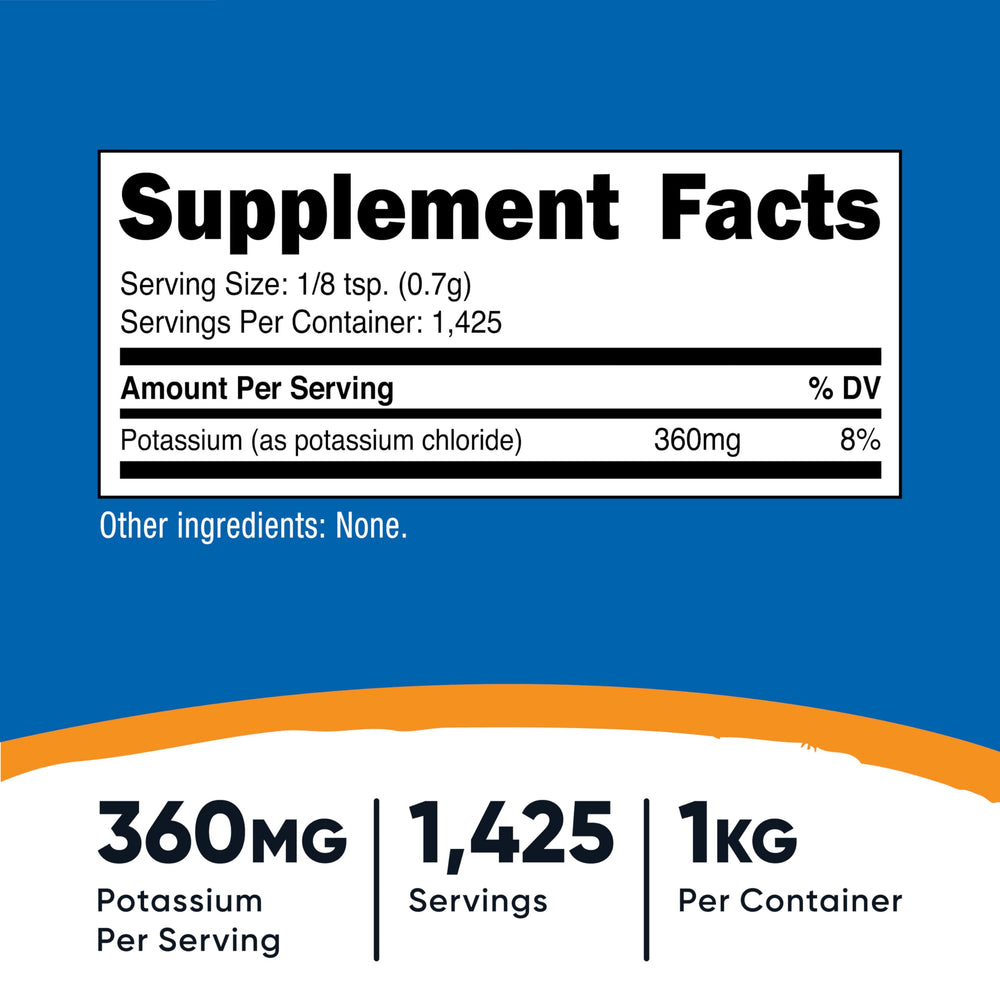 Back view with ingredients and warnings for Nutricost Potassium Chloride Powder 1kg