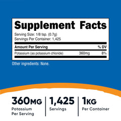 Back view with ingredients and warnings for Nutricost Potassium Chloride Powder 1kg