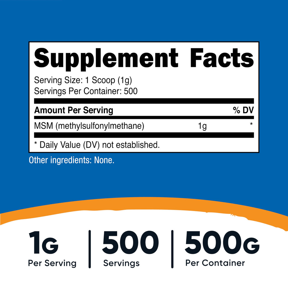 Close-up of MSM powder bottle label showing serving size and certifications