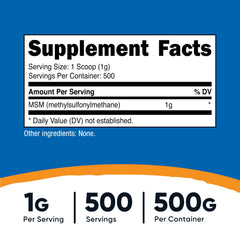 Close-up of MSM powder bottle label showing serving size and certifications