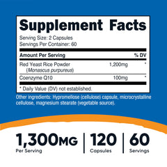 Close-up of Nutricost bottle label highlighting 1300mg Red Yeast Rice