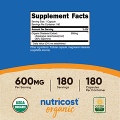 Nutricost Shatavari 600mg bottle back panel and nutrition facts