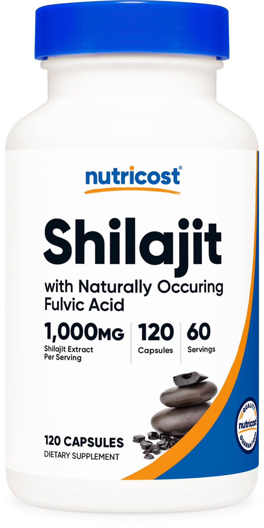 Nutricost Shilajit Capsules bottle displaying 1,000 mg per serving and 60 servings