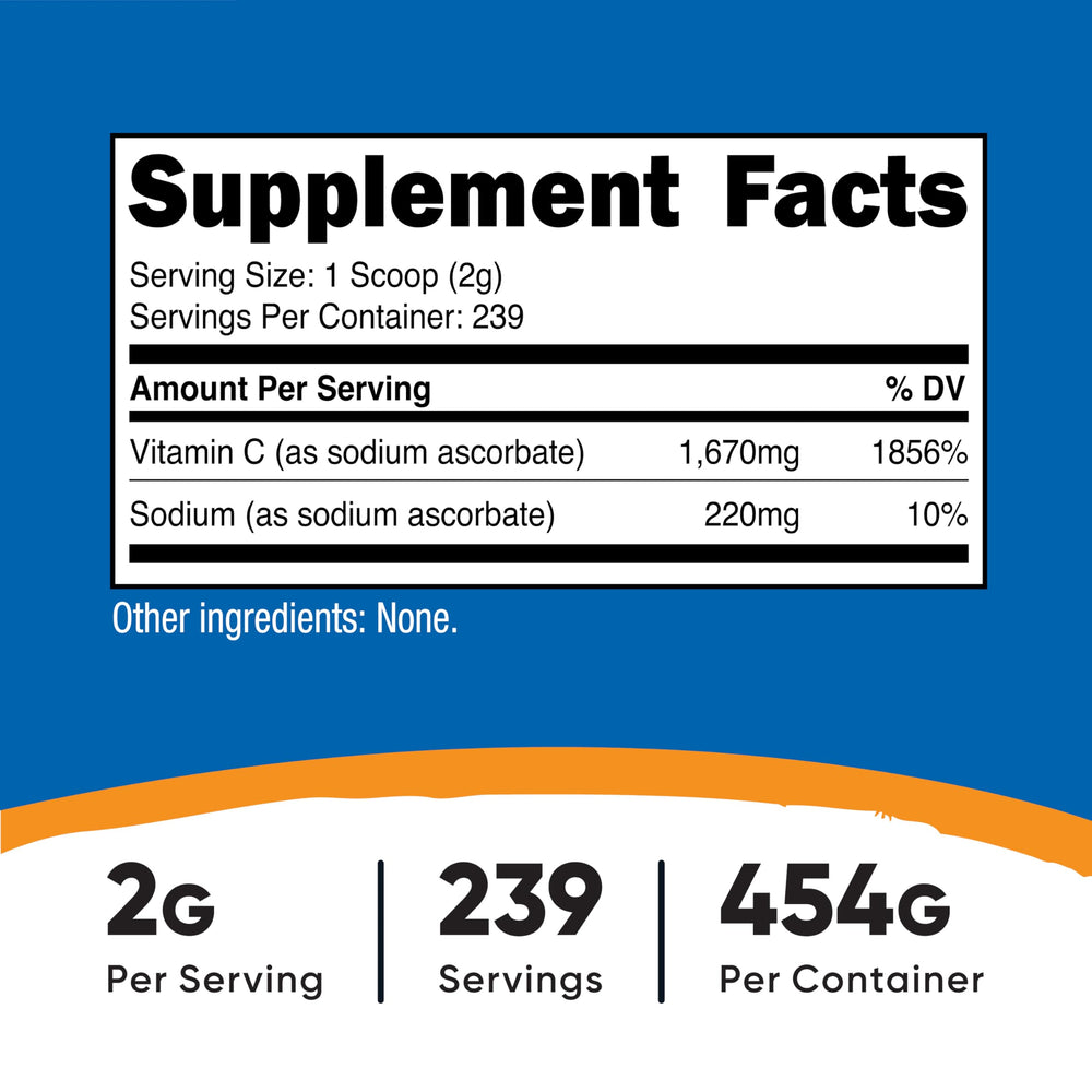 Close-up of unflavored sodium ascorbate powder