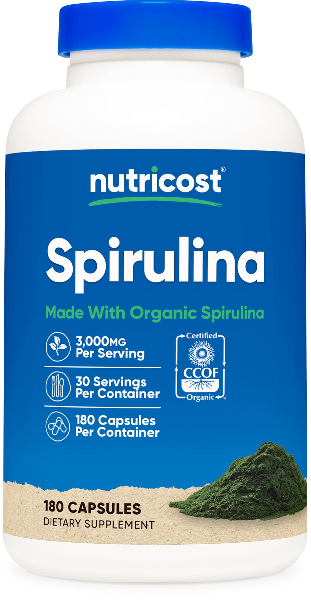 Nutricost Spirulina 3,000mg bottle with 180 capsules
