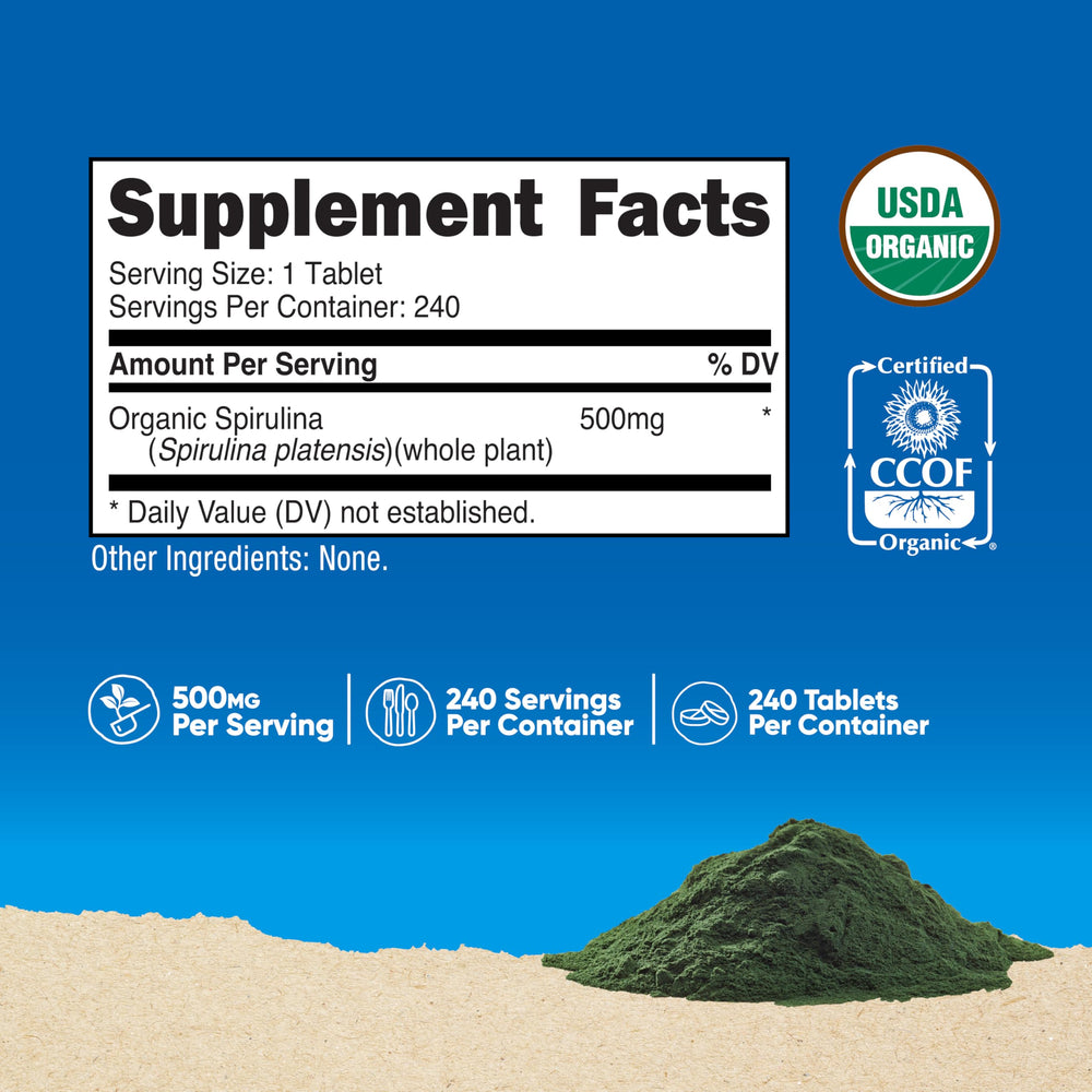 Close-up of a 500mg spirulina tablet