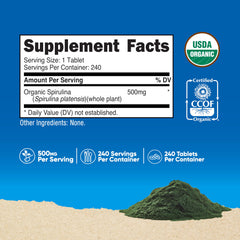 Close-up of a 500mg spirulina tablet