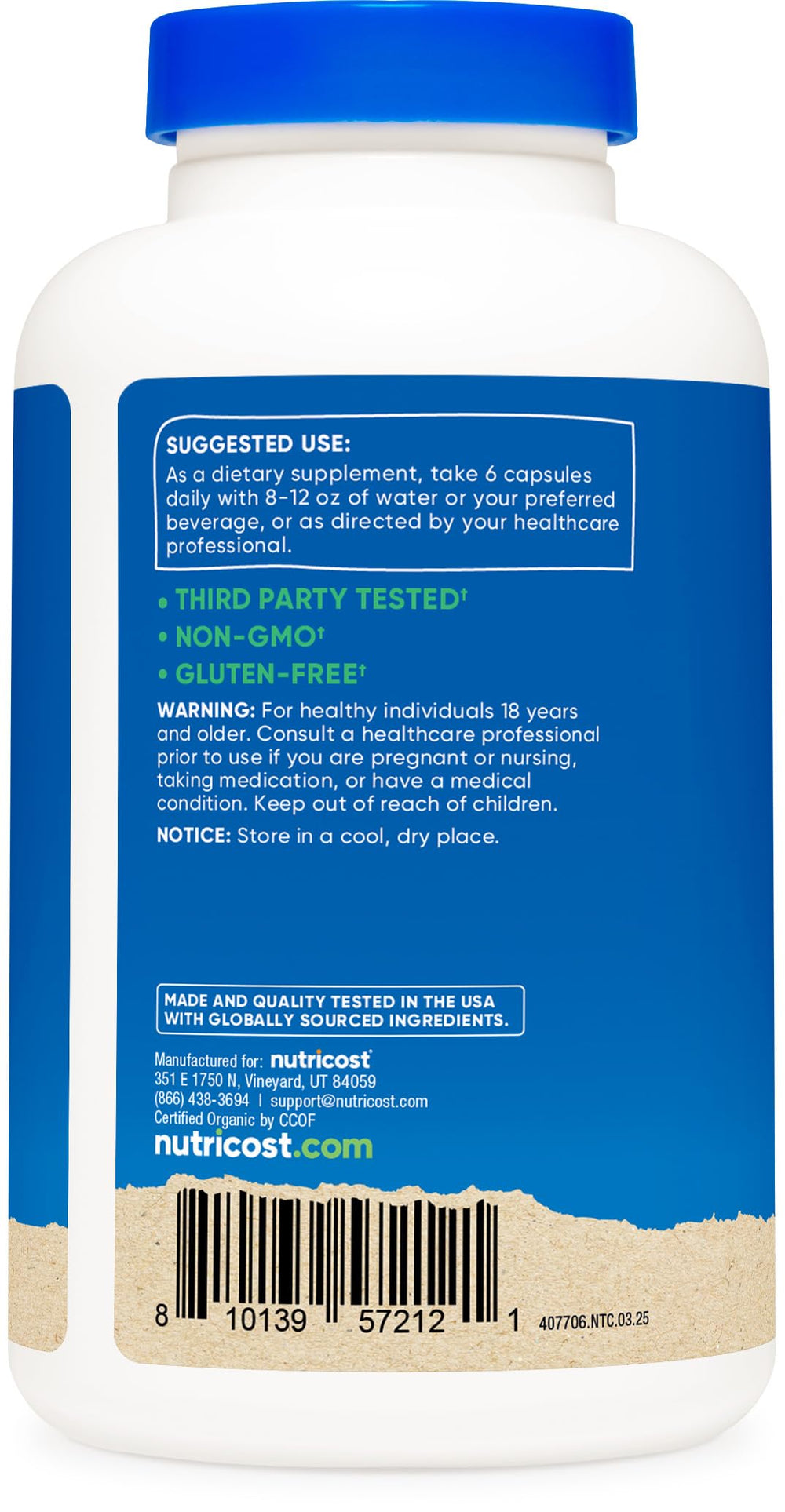 Vitamin A (Beta-Carotene) and Vitamin B-12 information on Spirulina packaging