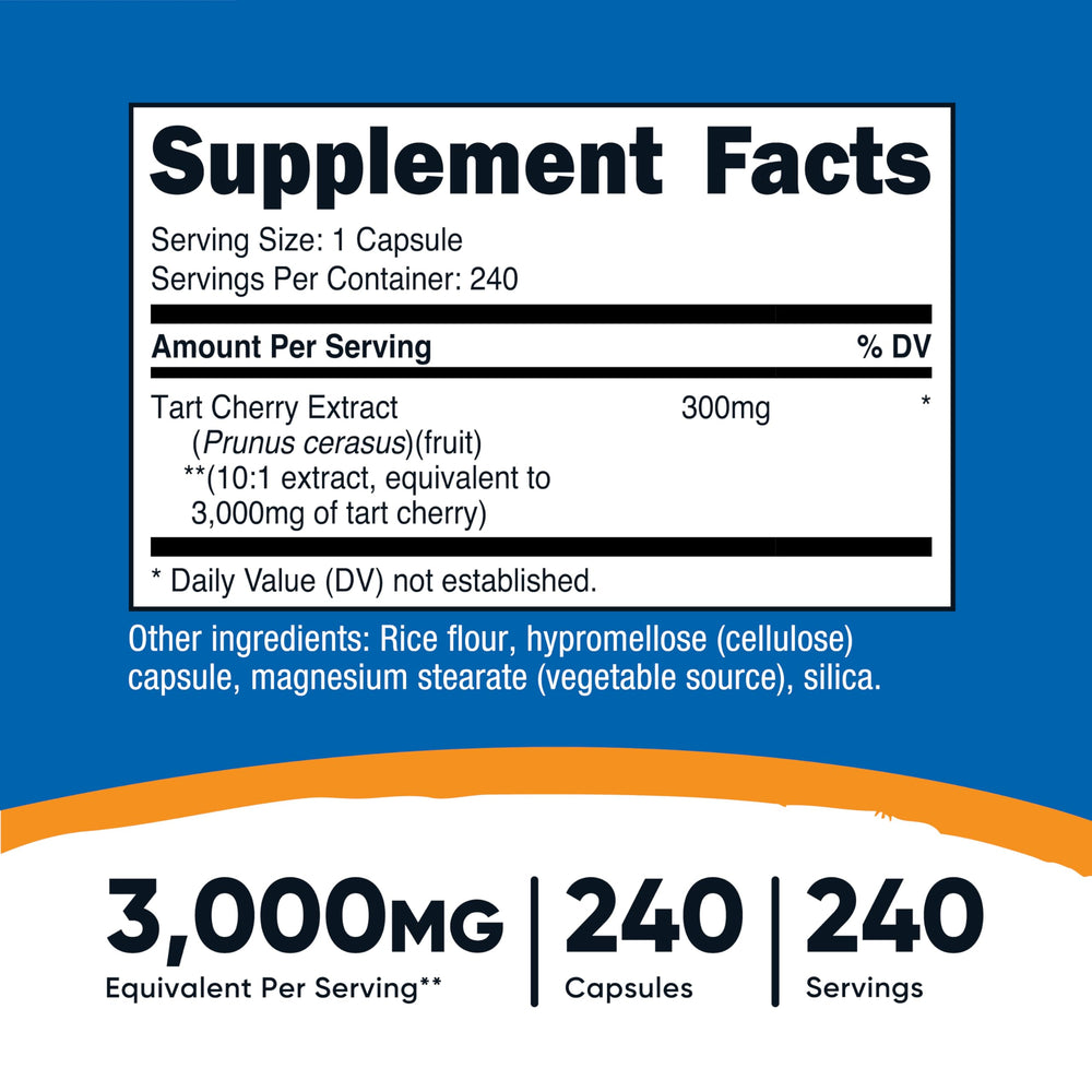 Close-up of Tart Cherry Extract capsules in bottle