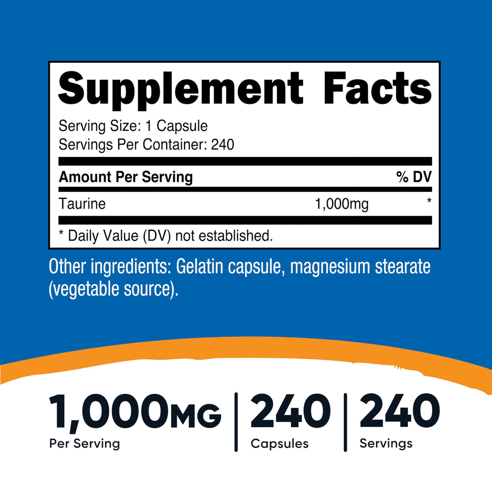 Label on Nutricost Taurine bottle showing ingredients