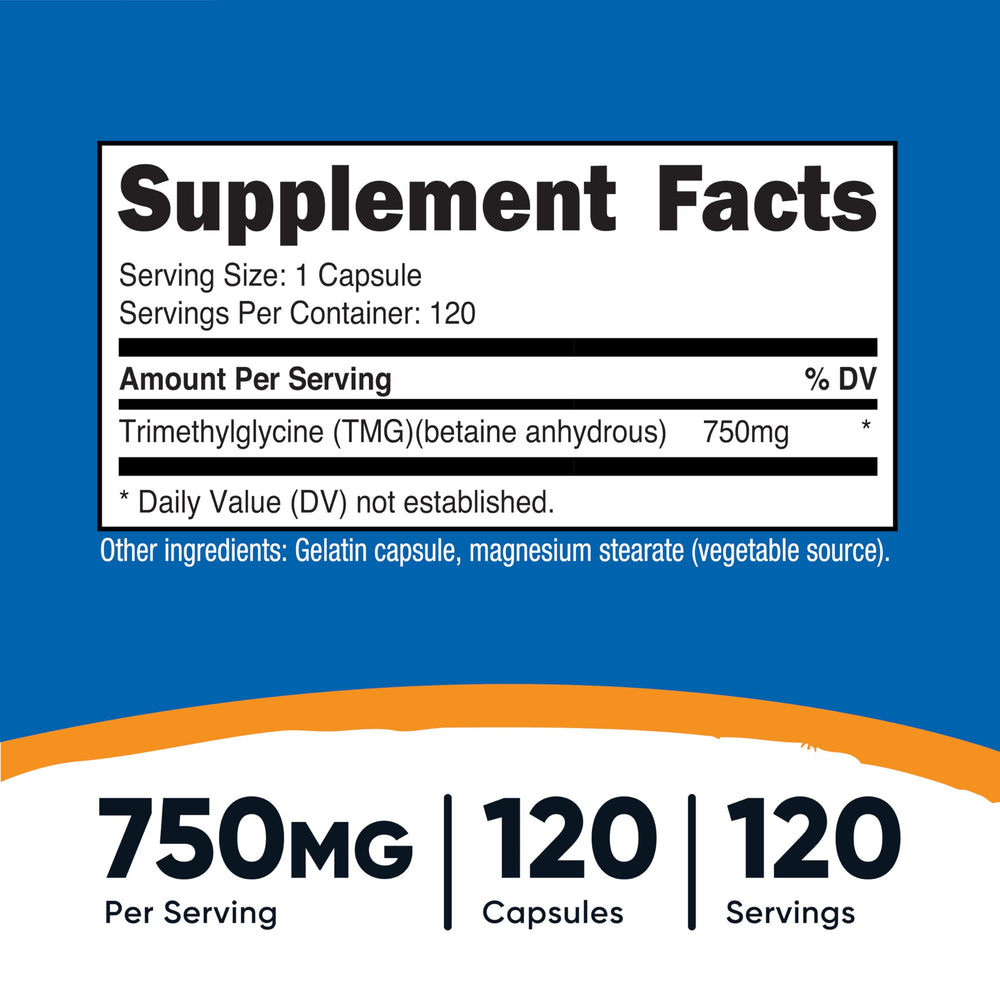 TMG capsules close-up showing 750mg dosage