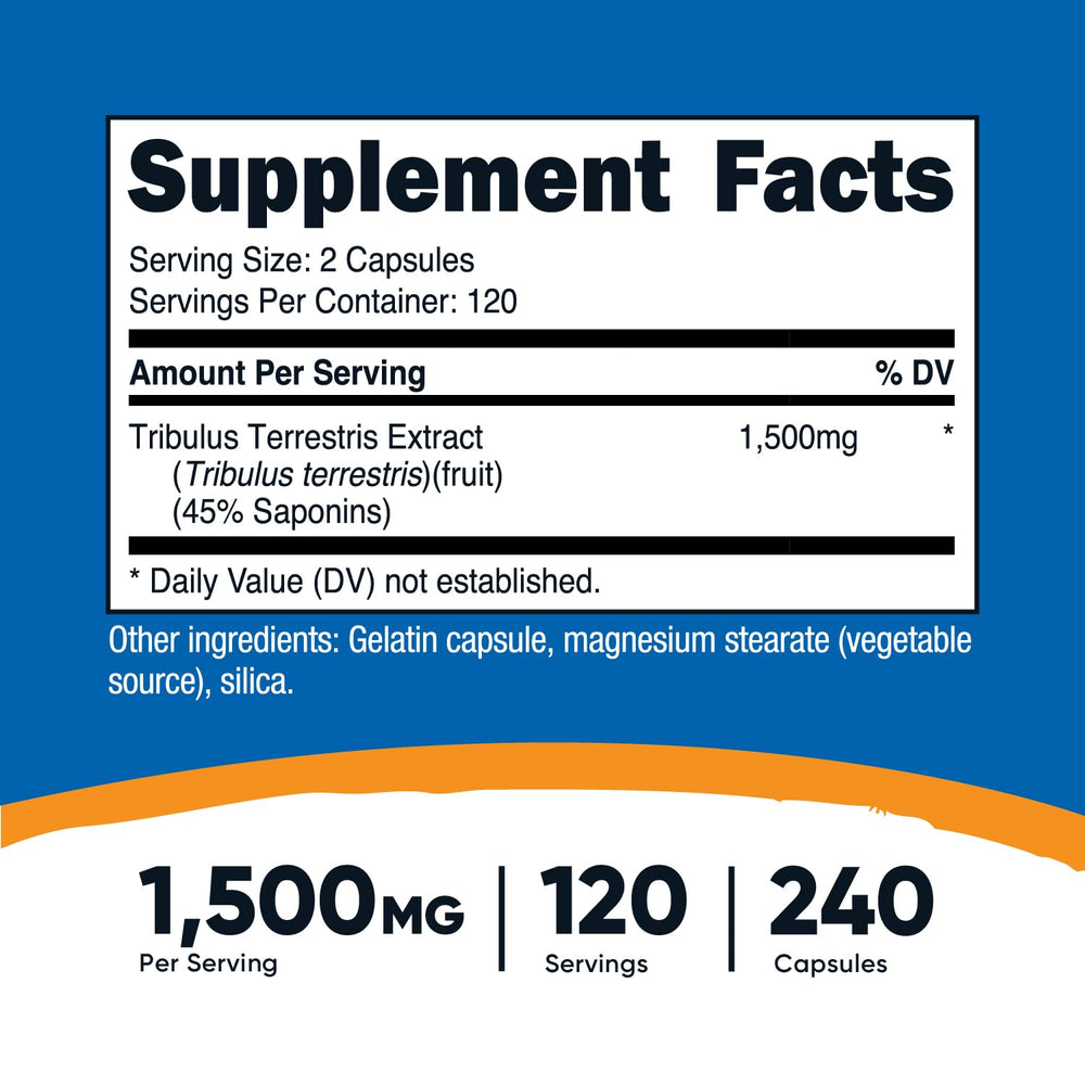 Close-up of Nutricost Tribulus Terrestris 1500mg bottle and capsules