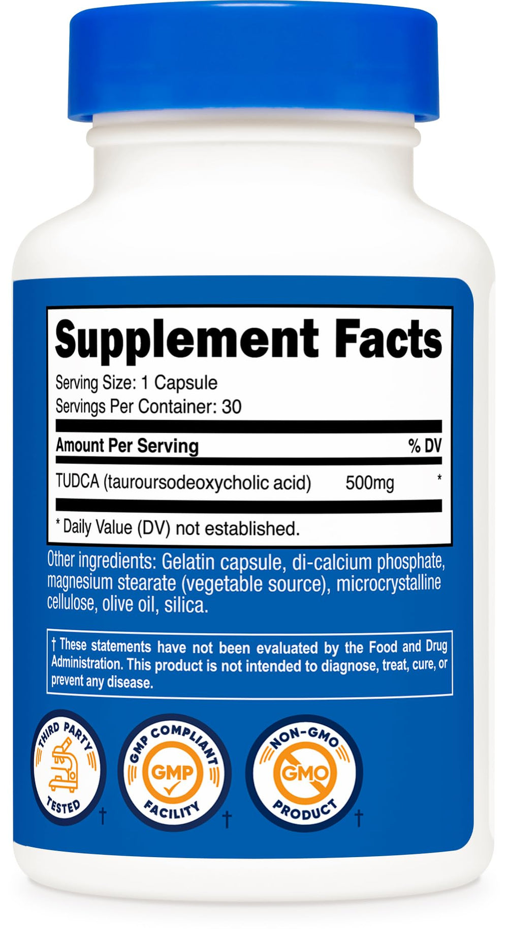 Lab testing and facility certifications on Nutricost Tudca packaging