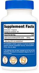 Lab testing and facility certifications on Nutricost Tudca packaging